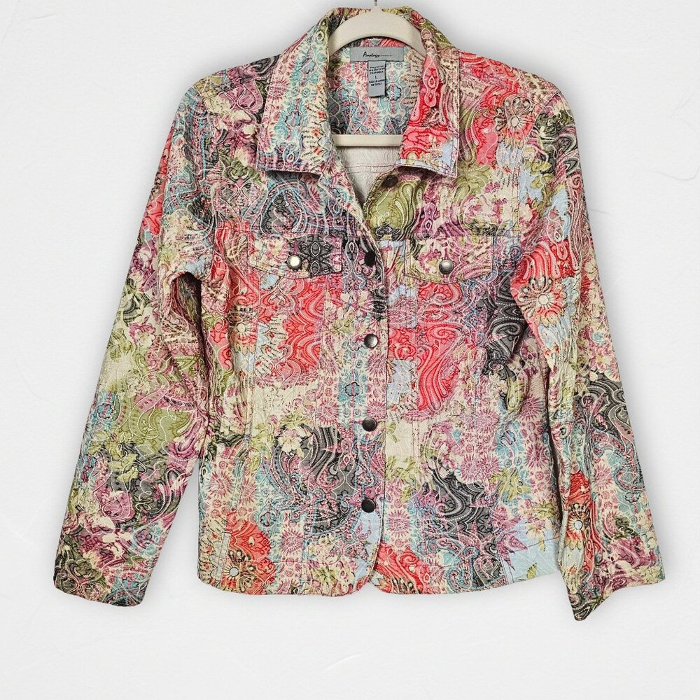 Analogy Paisley Floral Print Denim Style Jacket Women’s Large Boho Colorful